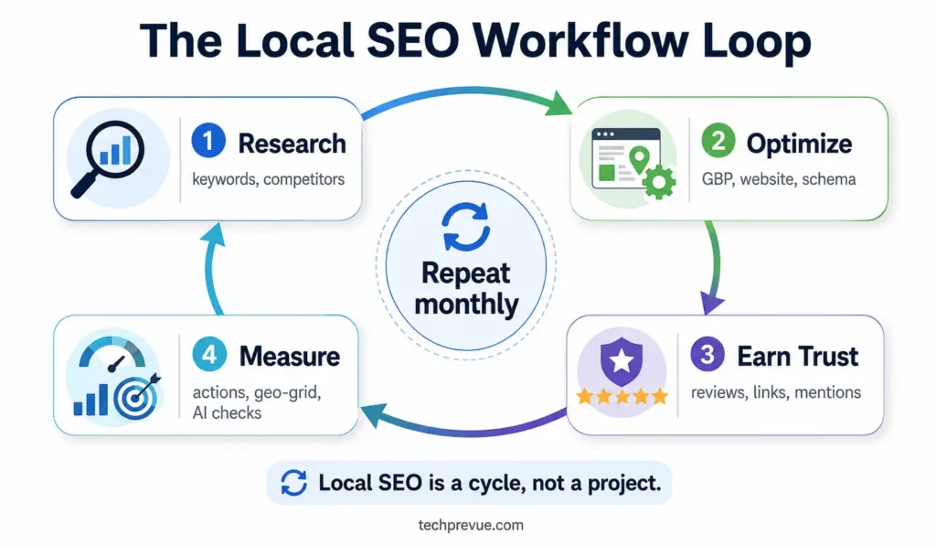 The local SEO workflow Loop: research, optimize, earn trust, measure, repeat