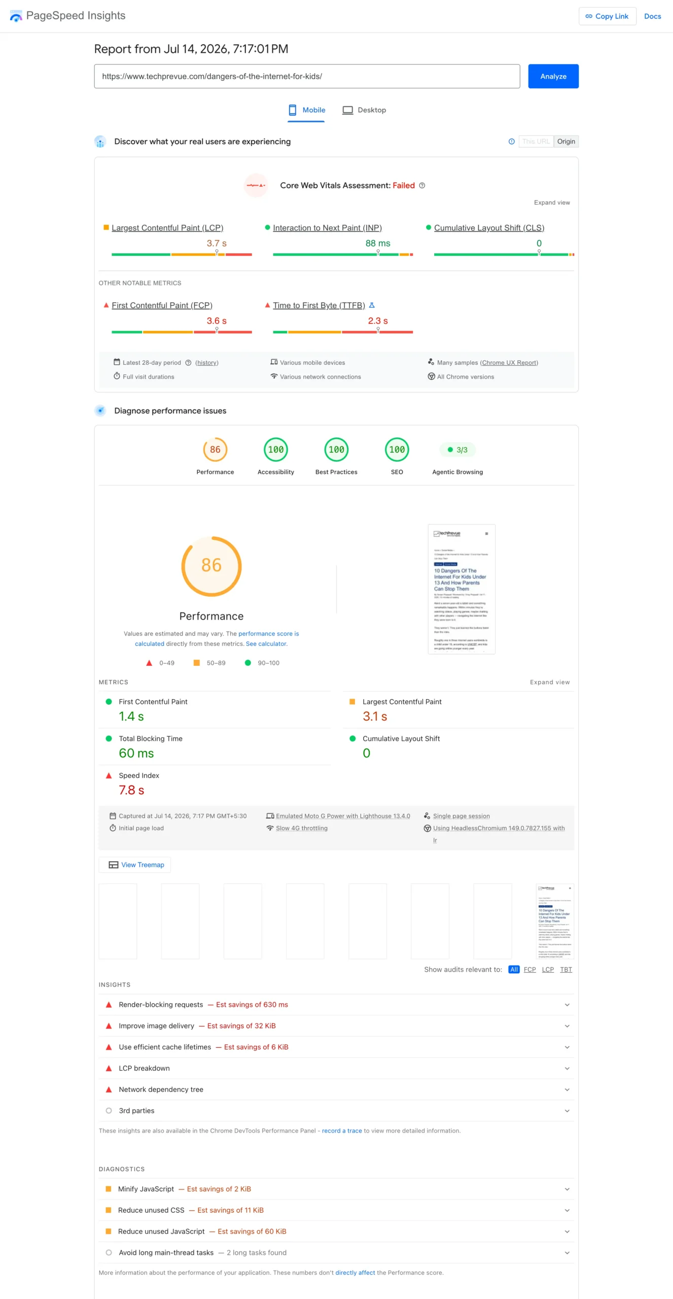 PageSpeed Insights Analysis