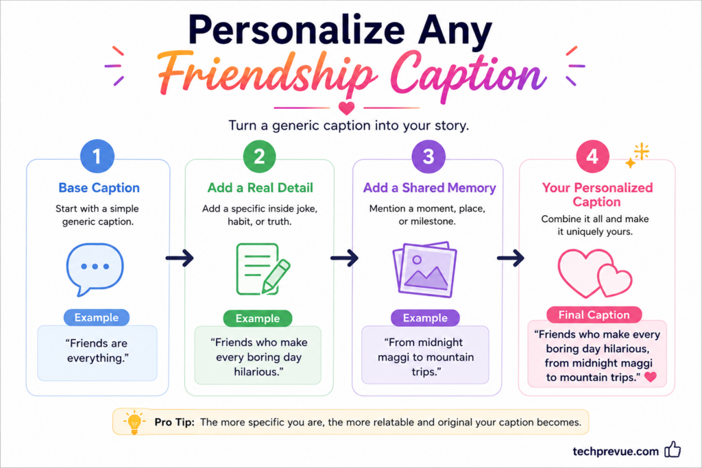 Formula for personalizing friendship captions for Instagram with shared details and memories