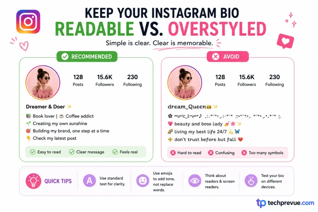 Instagram Bio for Girls – 401 Best Ideas for Every Vibe 5 Comparison of a readable Instagram bio for girls and an overstyled bio with fancy fonts and too many emojis.