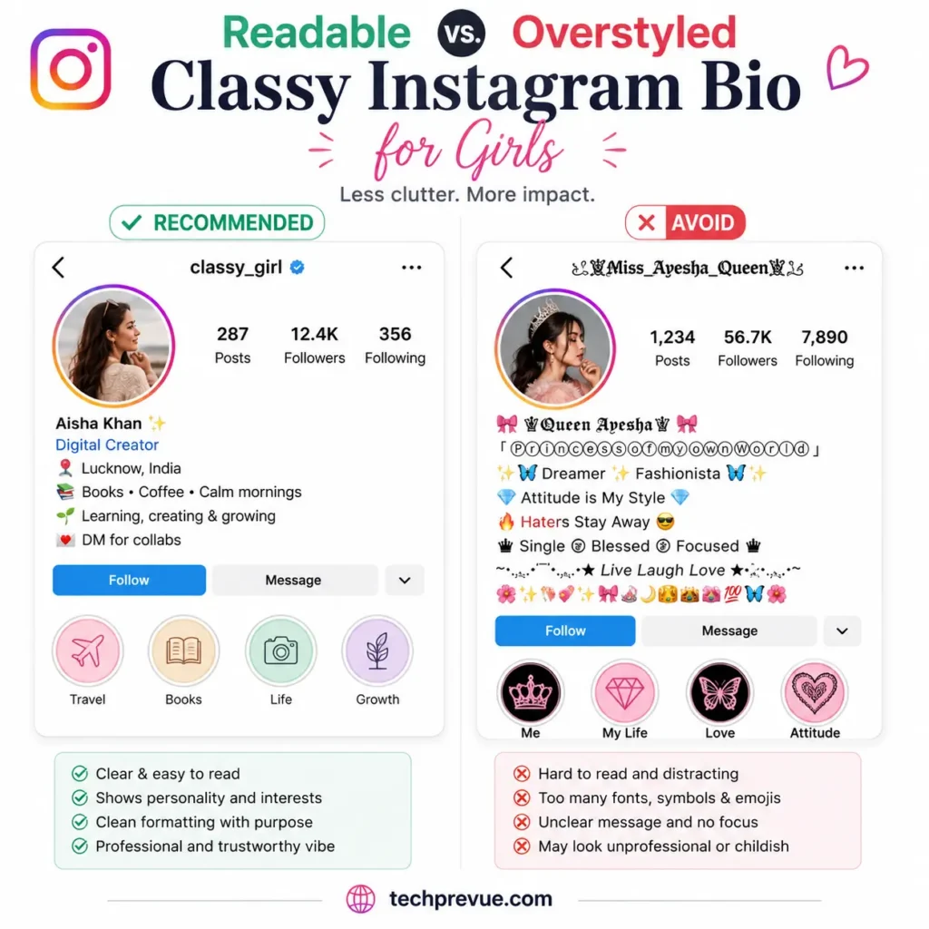 Comparison of a readable classy Instagram bio and an overstyled bio for a girl