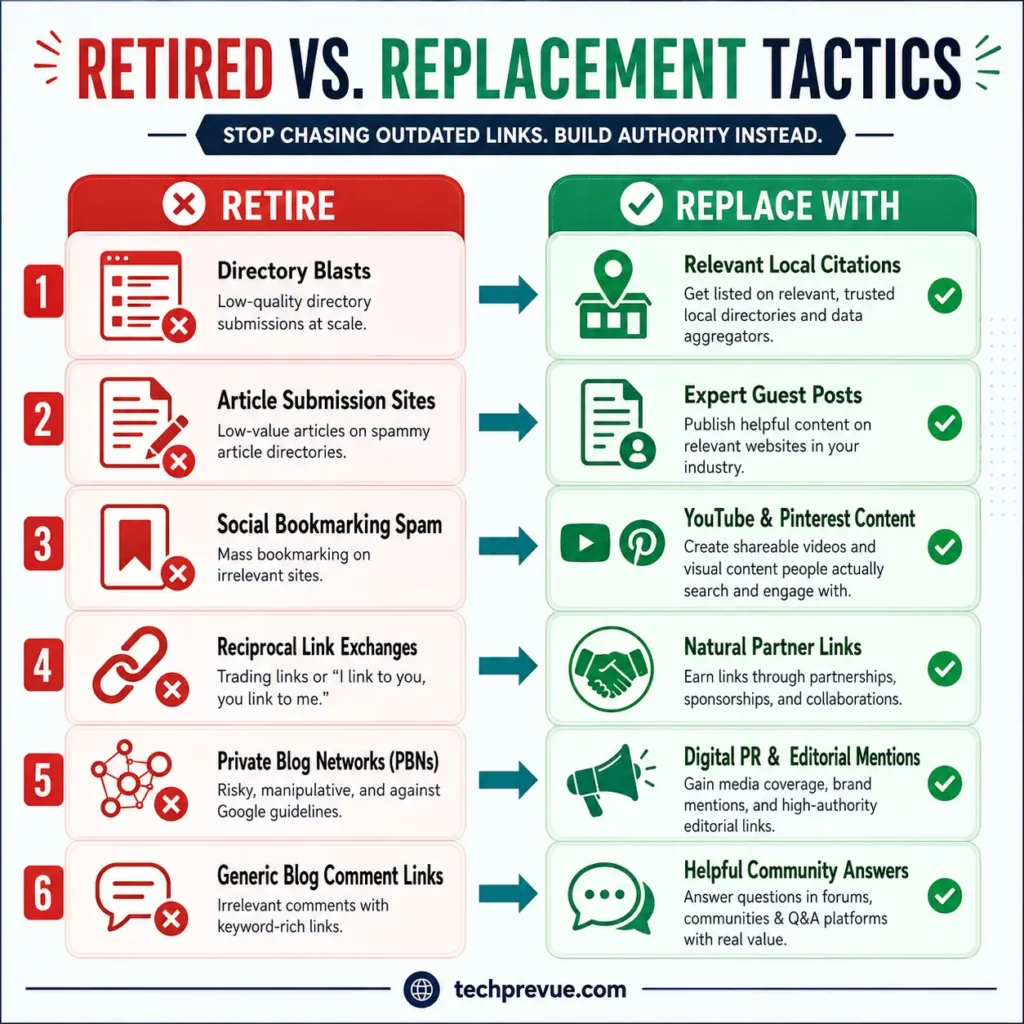 Off-Page SEO Checklist 2026: 25 Tasks Ranked by Real Data 3 Retired vs replacement off-page SEO tactics