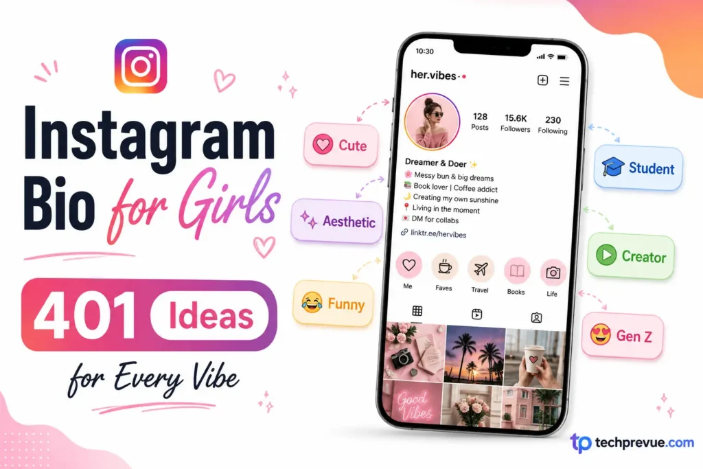 Instagram bio for girls with 401 cute, aesthetic, funny, emoji, student, creator, and Gen Z ideas.