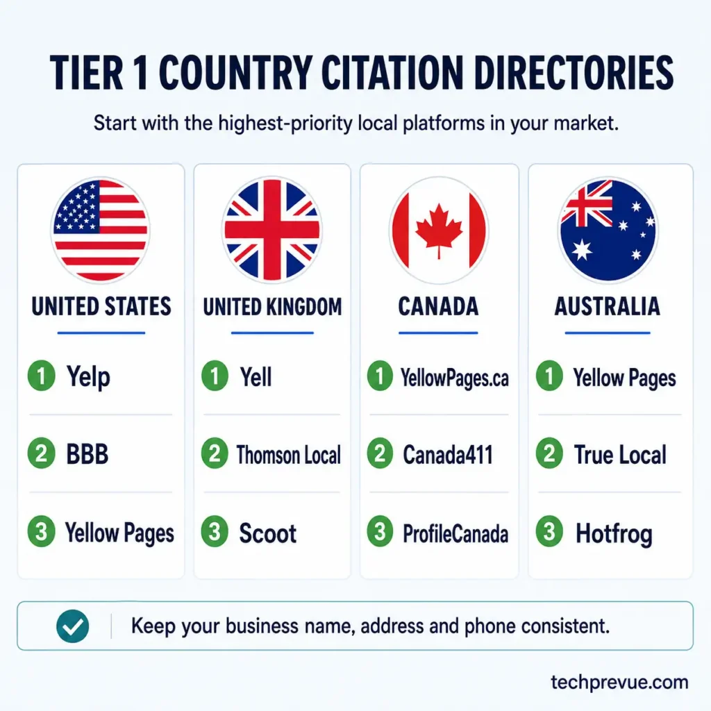 Top local citation directories for local SEO in the US, UK, Canada, and Australia