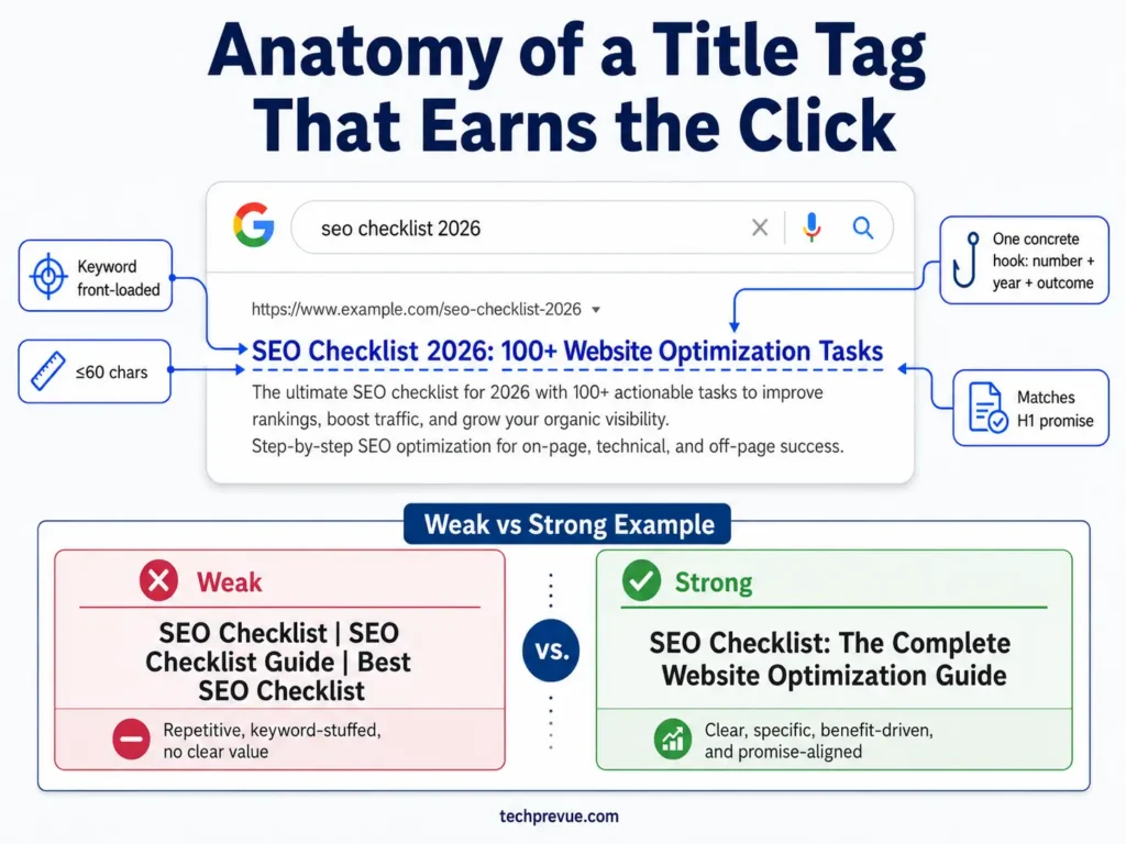 On-Page SEO Checklist: 30 Steps to Rank in 2026 4 A title tag that earns clicks
