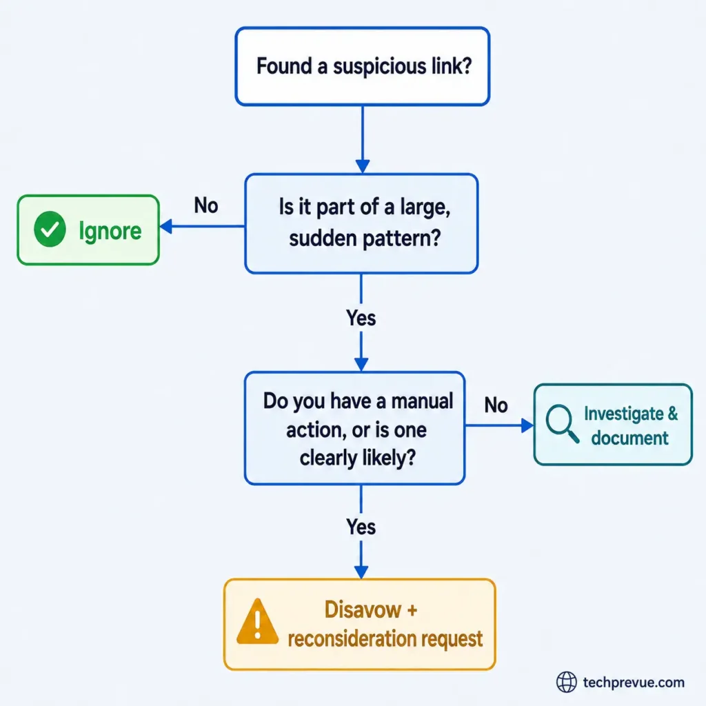 What Are Toxic Backlinks? How to Find, Check & Disavow Them 3 Decision flowchart for whether to ignore, investigate, or disavow a suspected toxic backlink