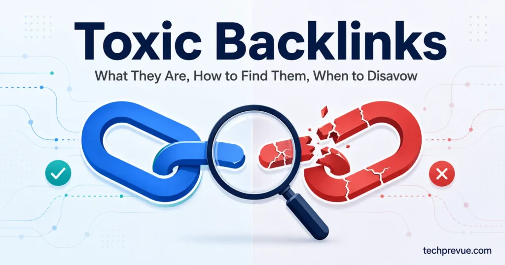 Toxic Backlinks – Illustration contrasting a healthy backlink with a toxic backlink, representing a guide to finding and disavowing bad links