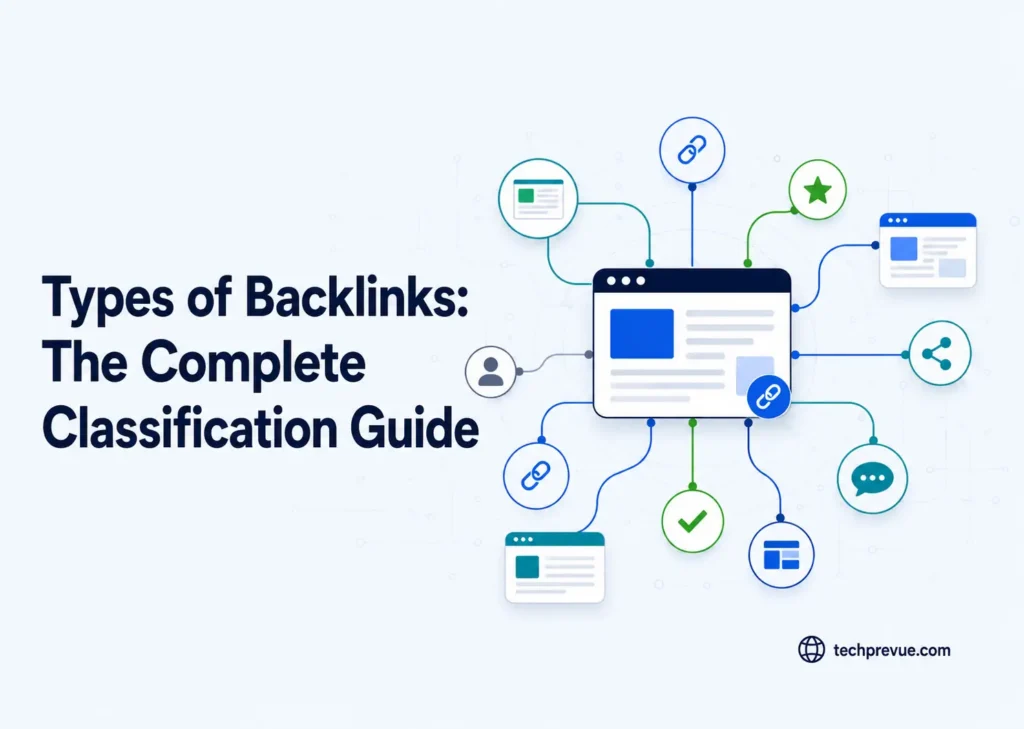 Illustration of interconnected website nodes representing different types of backlinks in SEO