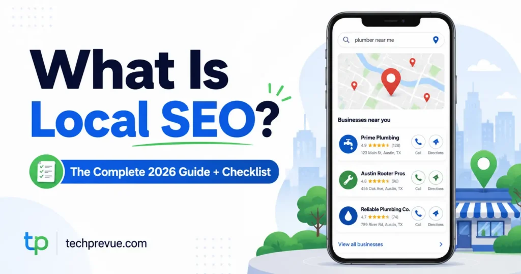 What is local SEO — complete 2026 guide cover showing a Google Local Pack on a phone