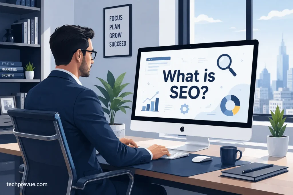 What is SEO — diagram showing how search engine optimization connects websites with searchers
