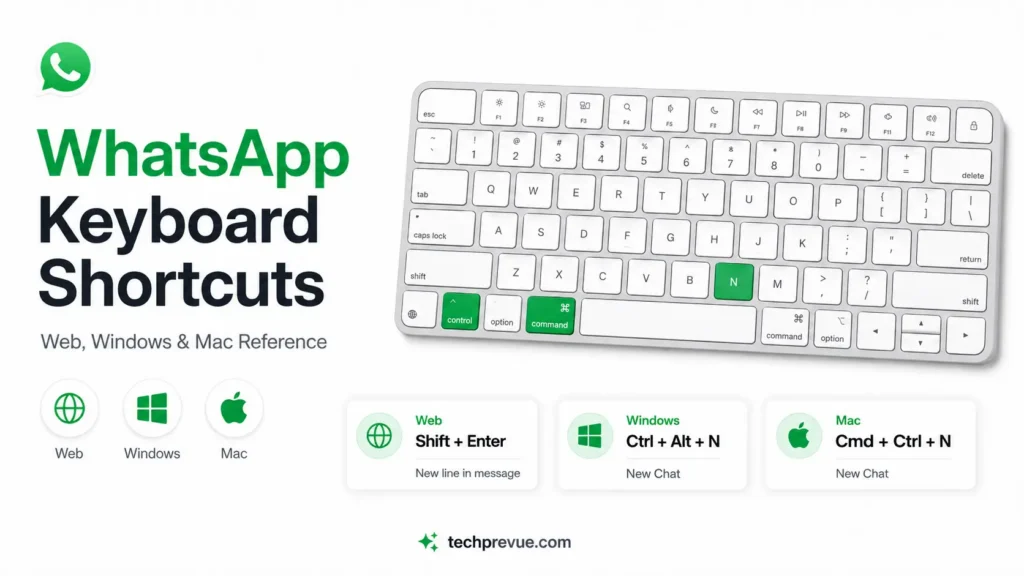 Keyboard with WhatsApp shortcut keys highlighted for Web, Windows and Mac