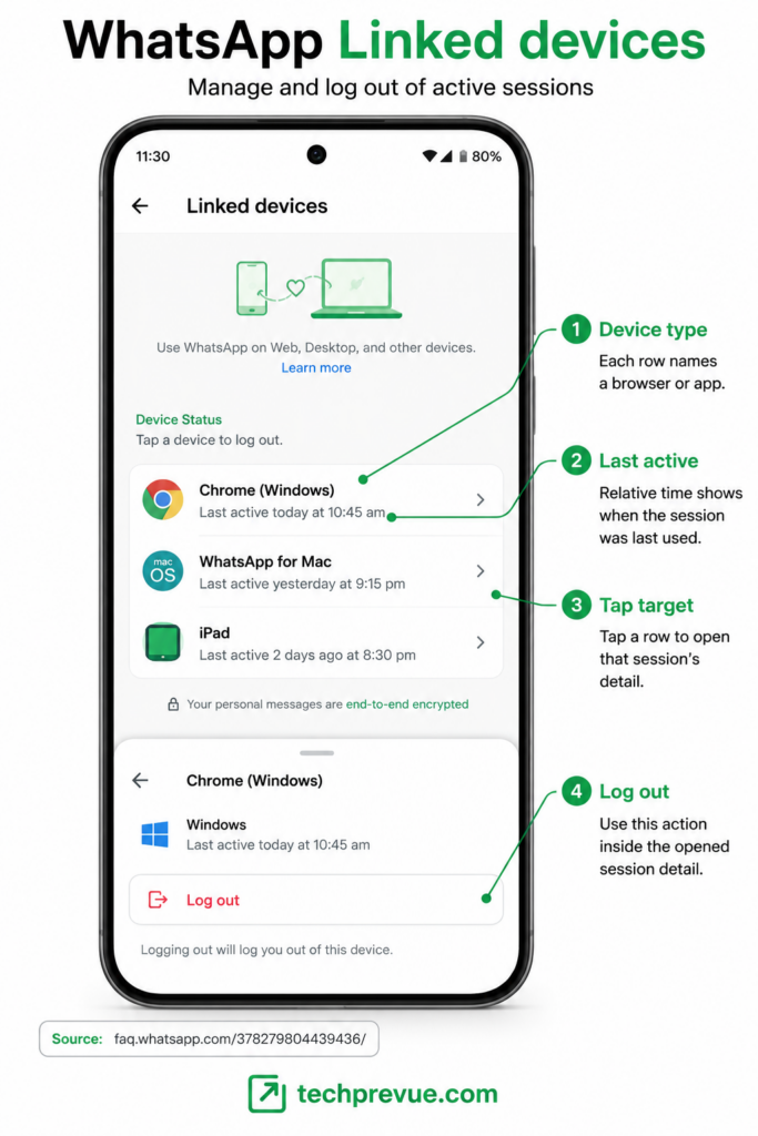 WhatsApp Linked devices screen showing active sessions and the log out option