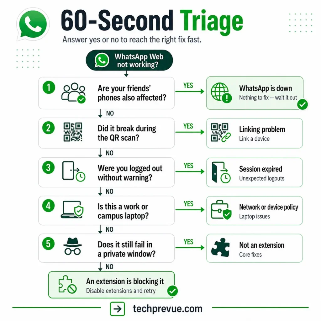 Triage flowchart routing WhatsApp Web problems to the right fix