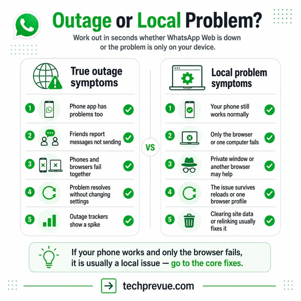 Comparing symptoms of a WhatsApp outage against a local browser problem