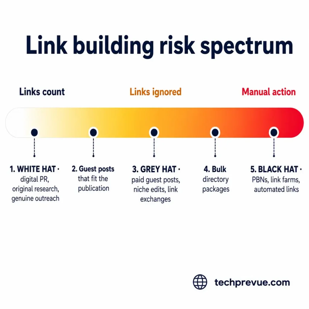 Link Building in SEO: The Complete 2026 Guide 6 Risk spectrum for link building tactics running from white hat digital PR at low risk to black hat private blog networks at high risk