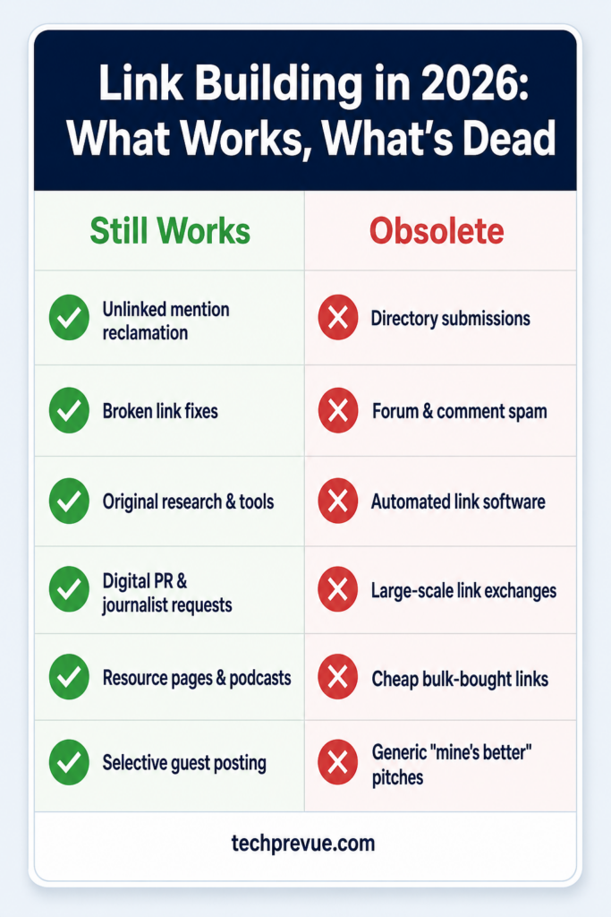 Comparison graphic of link-building techniques that still work in 2026 versus ones that are obsolete.