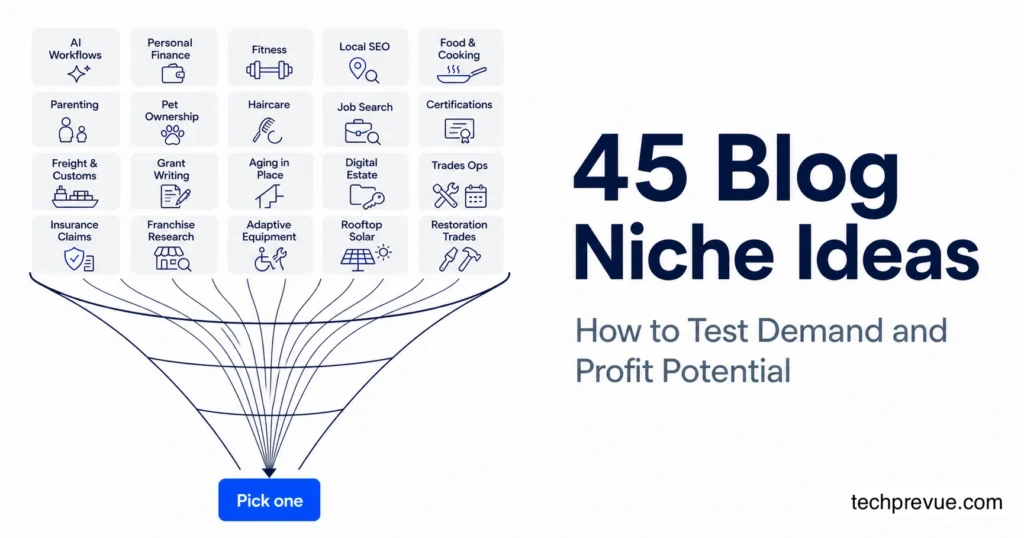 Funnel illustration showing many blog niche ideas narrowing down to one chosen profitable niche