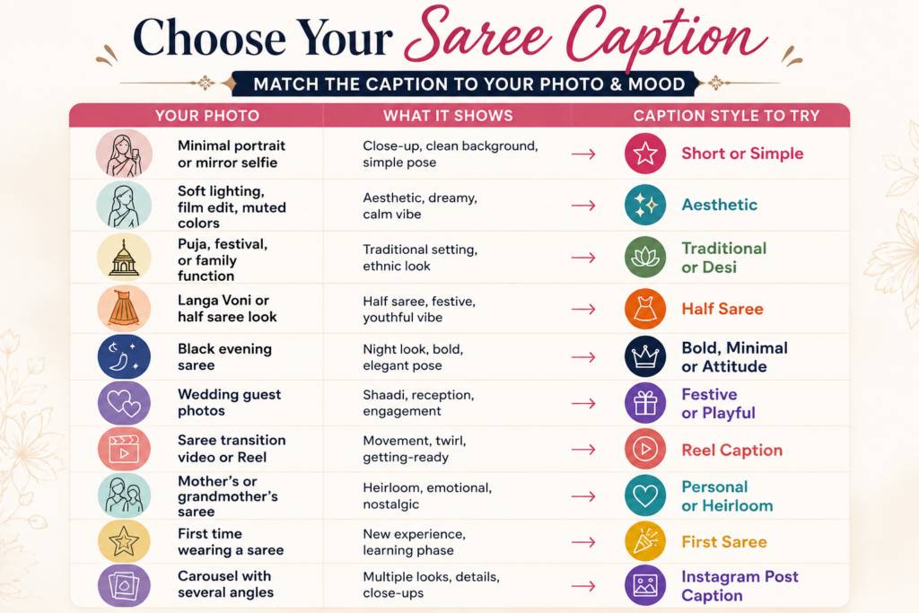 Guide to choosing an Instagram saree caption based on the type of photo or Reel