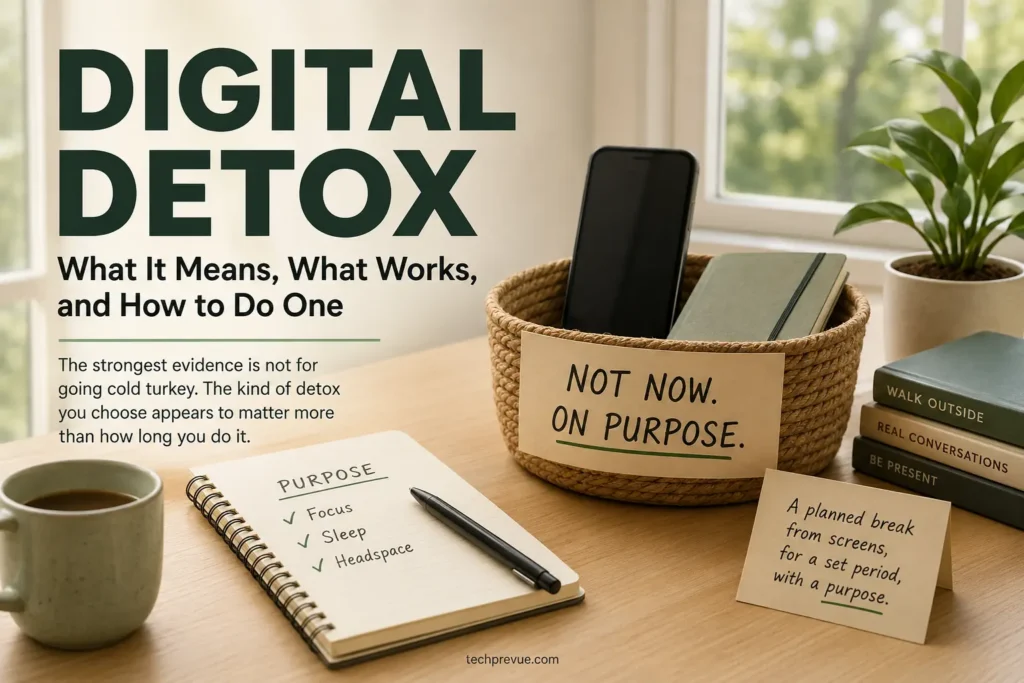Digital detox showing reduced smartphone and screen use while keeping essential communication available