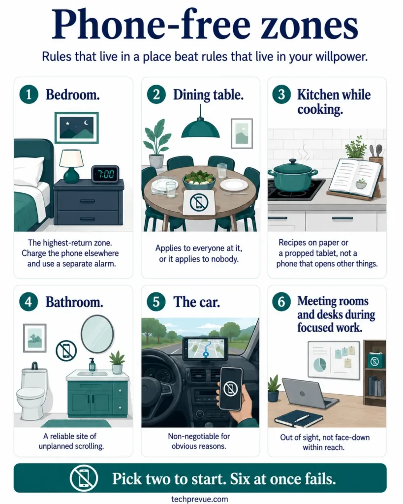 Digital detox phone-free zones for the bedroom, dining table, kitchen, bathroom, car and focused work