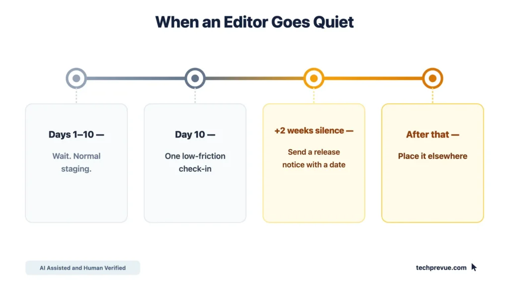 imeline showing when to check in and when to withdraw a guest post draft after an editor goes silent