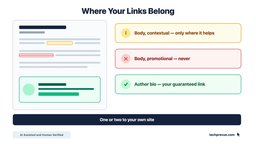 Guest post link placement showing author bio, contextual body links and promotional links