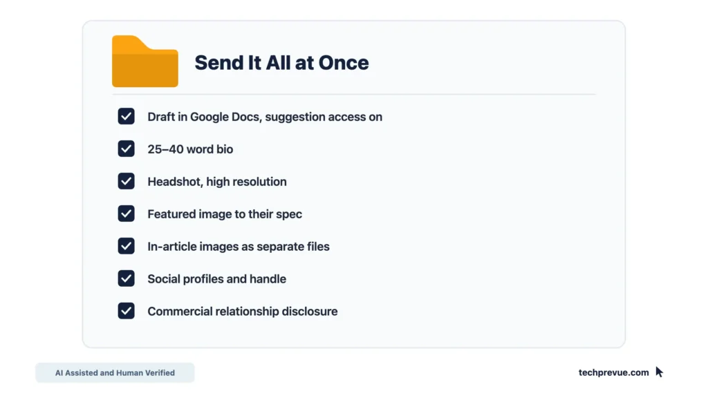 Checklist of assets to send with a guest post submission so the editor never has to chase