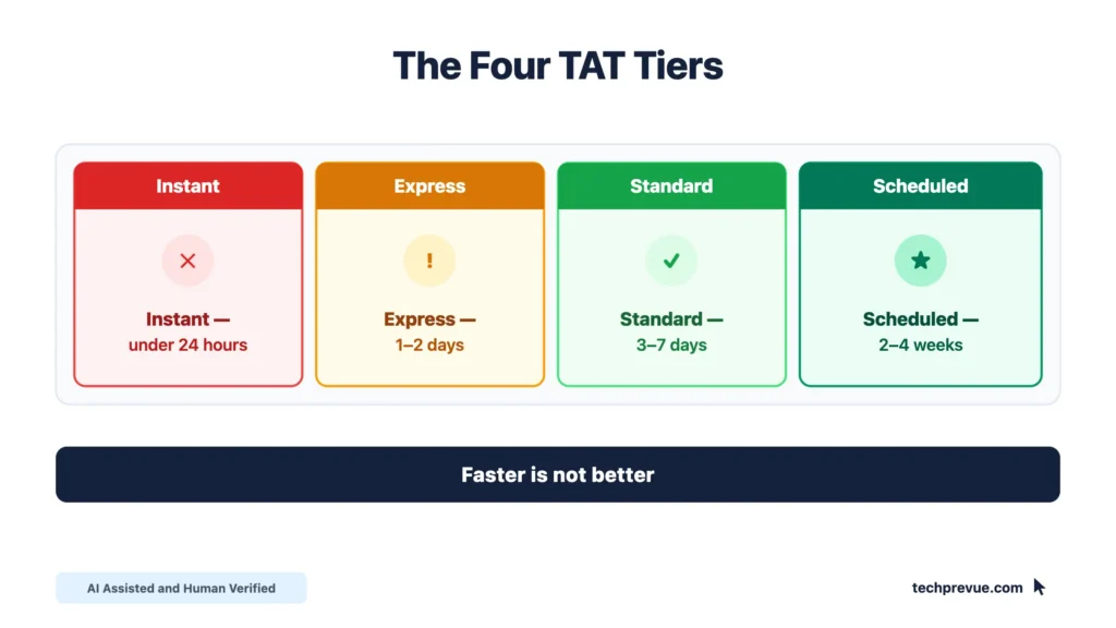 Four guest posting turnaround tiers from instant to scheduled, with what each indicates