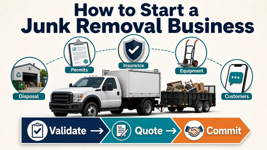 How to start a junk removal business illustration showing a truck, disposal, permits, insurance, equipment, customers, and the Validate, Quote, Commit workflow.
