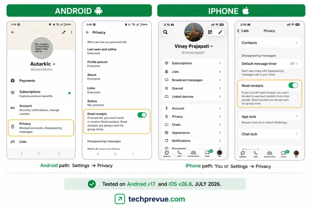 How to turn off read receipts on WhatsApp – WhatsApp settings screenshots showing the read receipts toggle on Android and iPhone