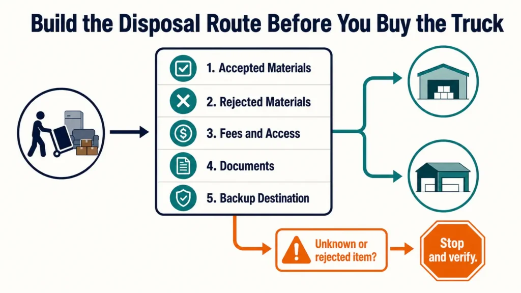 Junk removal business disposal route diagram showing accepted and rejected materials, fees, documents, a backup destination, and a stop-and-verify branch.