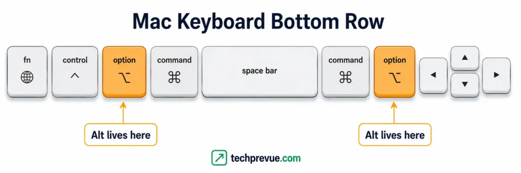 Diagram of the Mac keyboard bottom row showing the two Option (Alt) keys one key out from the space bar