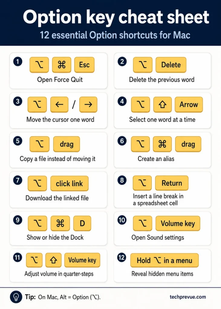 Cheat sheet card listing twelve essential Option key shortcuts for Mac