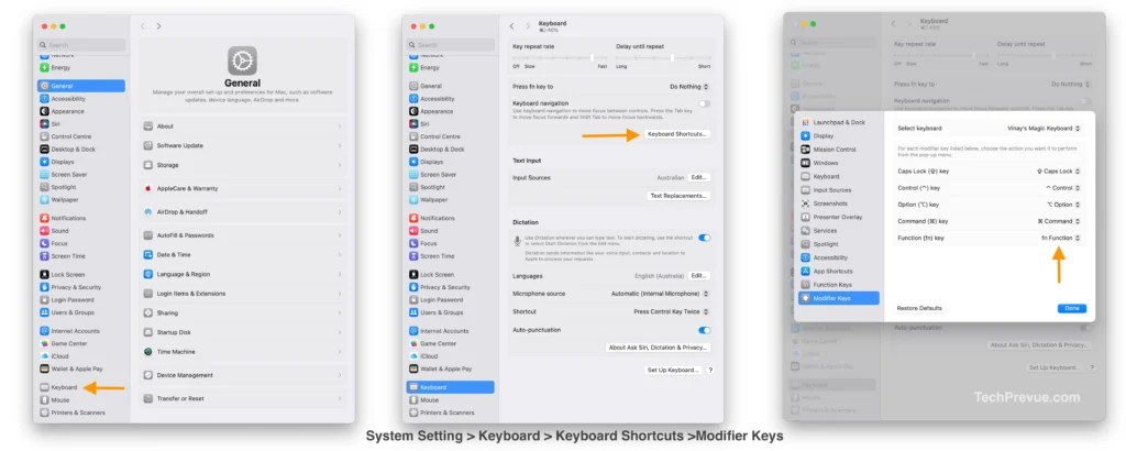 macOS Modifier Keys settings panel showing the Option and Command keys being swapped for an external Windows keyboard
