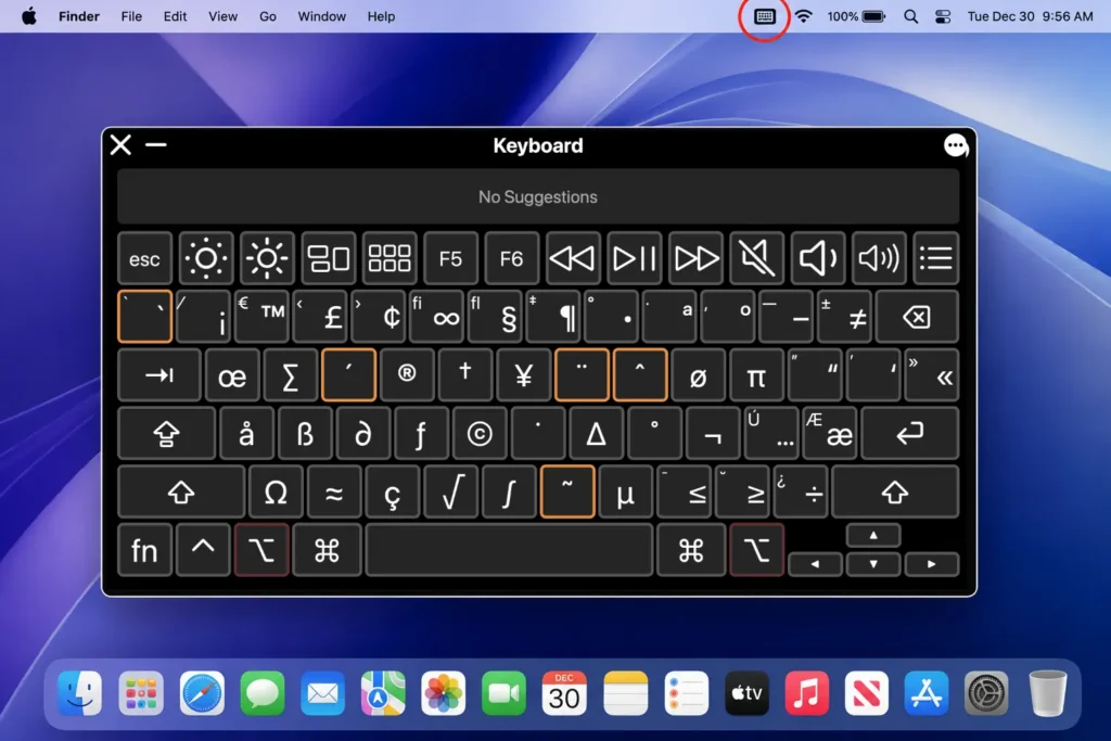 macOS Keyboard Viewer with the Option key held down, showing the alternate character each key produces