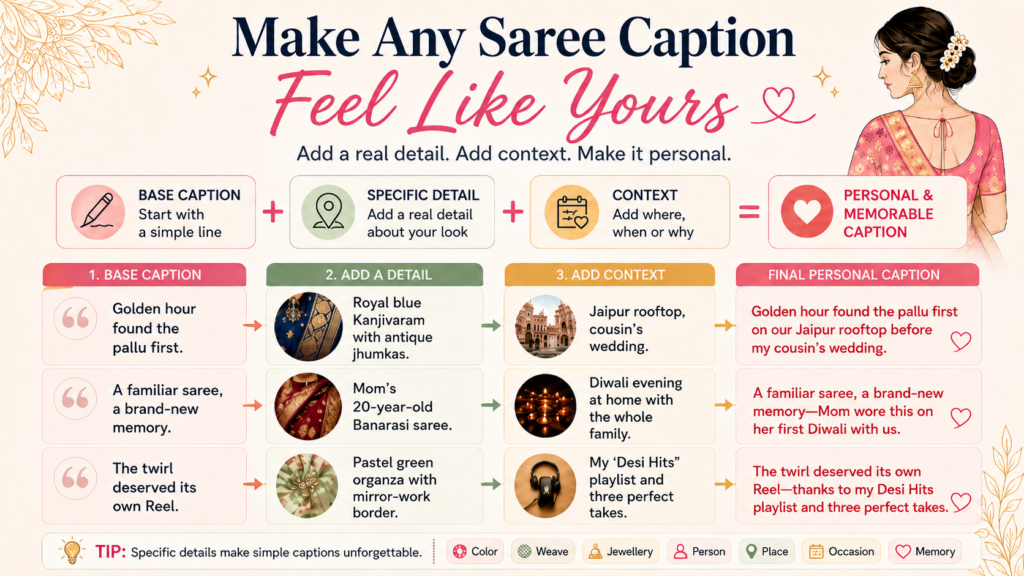 Examples showing how to personalize a saree Instagram caption with a real detail or memory.