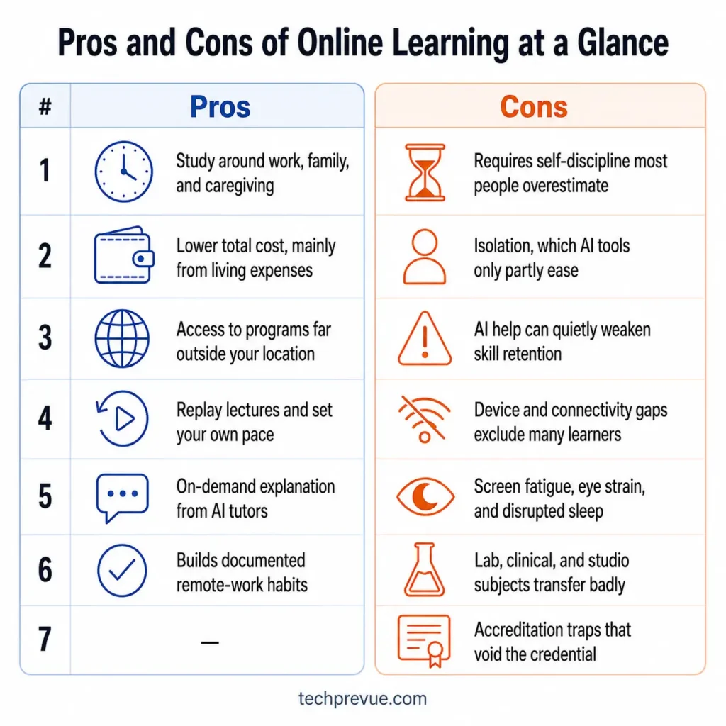 Comparison chart showing the pros and cons of online learning, with six advantages including flexibility and lower cost against seven drawbacks including isolation, screen fatigue and accreditation risk.