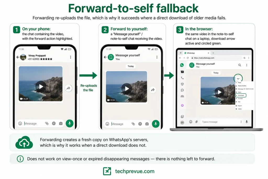 Forwarding a video to yourself to make it downloadable again in WhatsApp Web