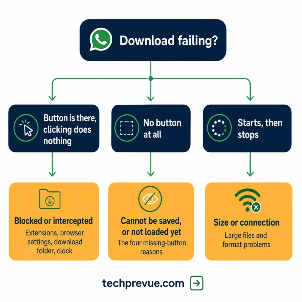 Decision tree for diagnosing failed video downloads on WhatsApp Web