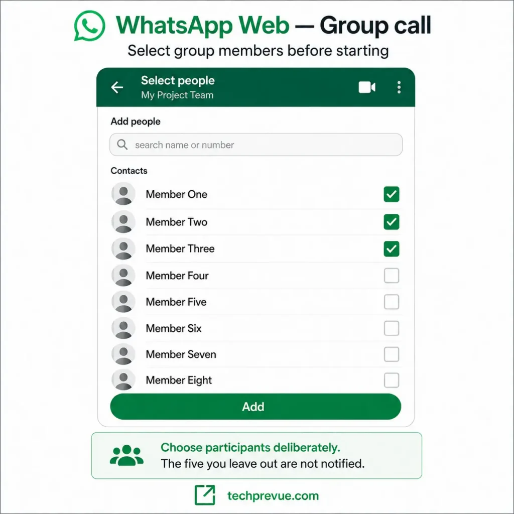 Selecting specific group members before starting a WhatsApp Web group video call