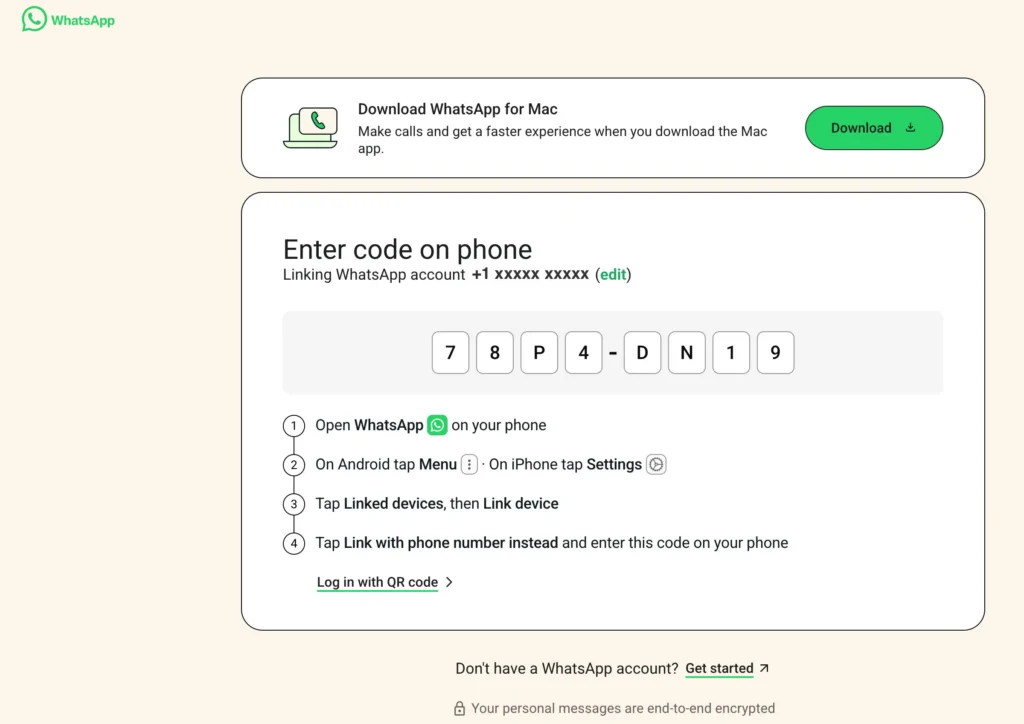 Whatsapp Web Login with Phone number – Enter the code