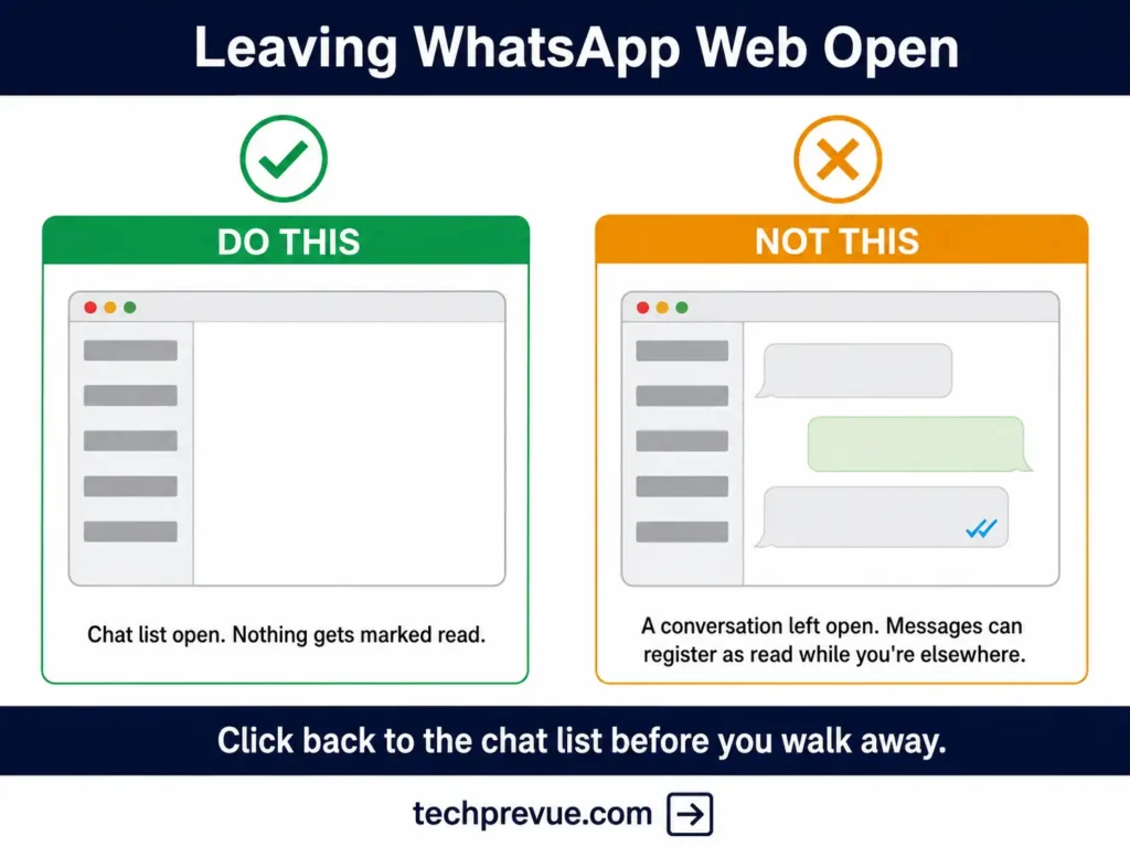 Comparison showing a WhatsApp Web chat list left open versus an individual conversation left open, which can mark messages as read