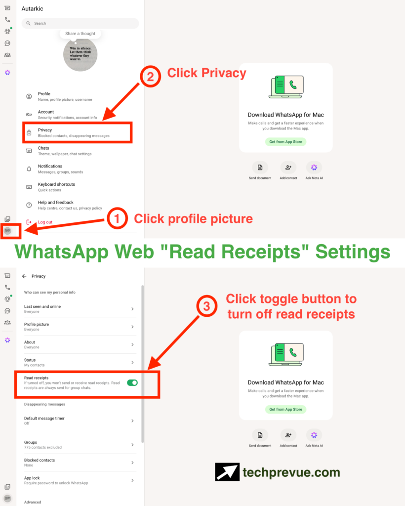 WhatsApp Web read receipts settings