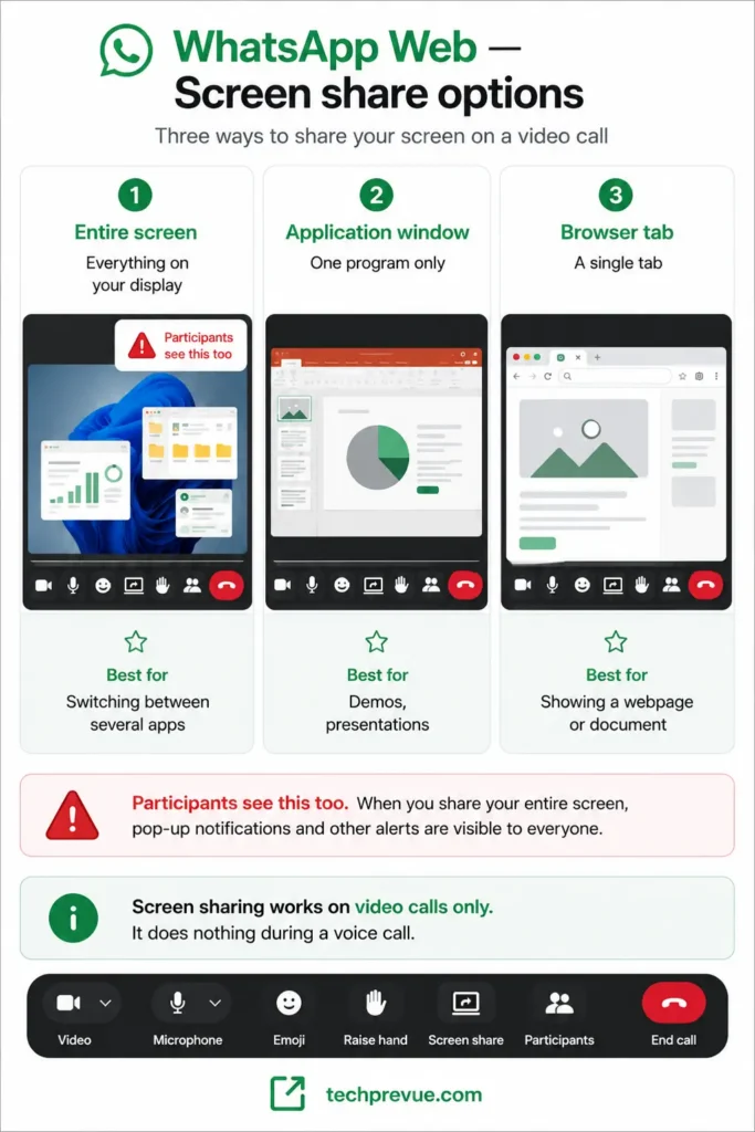 Three screen sharing options during a WhatsApp Web video call