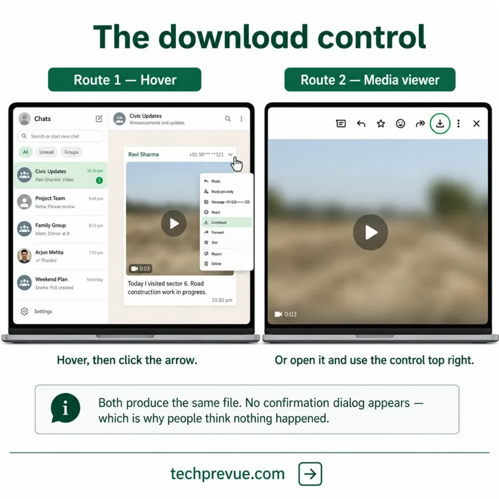 Download arrow on a WhatsApp Web video and the download control in the media viewer
