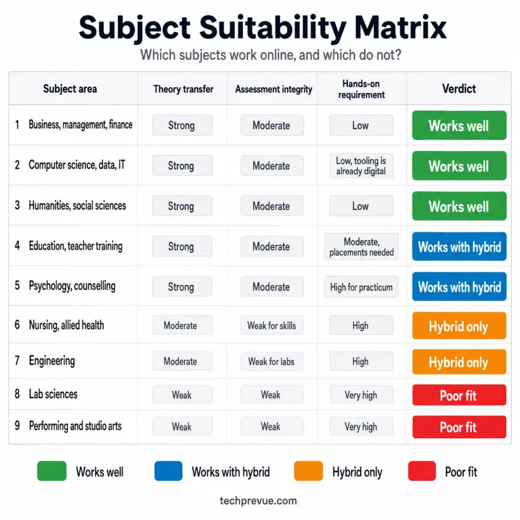 Matrix rating nine subject areas including business, computer science, nursing, engineering and lab sciences for online study suitability across theory transfer, assessment integrity and hands-on requirements.