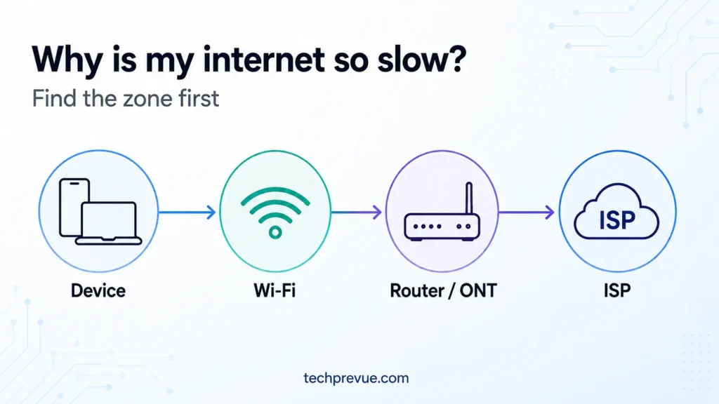 Why is my internet so slow — the four fault zones to check: device, Wi-Fi, router or ONT, and ISP